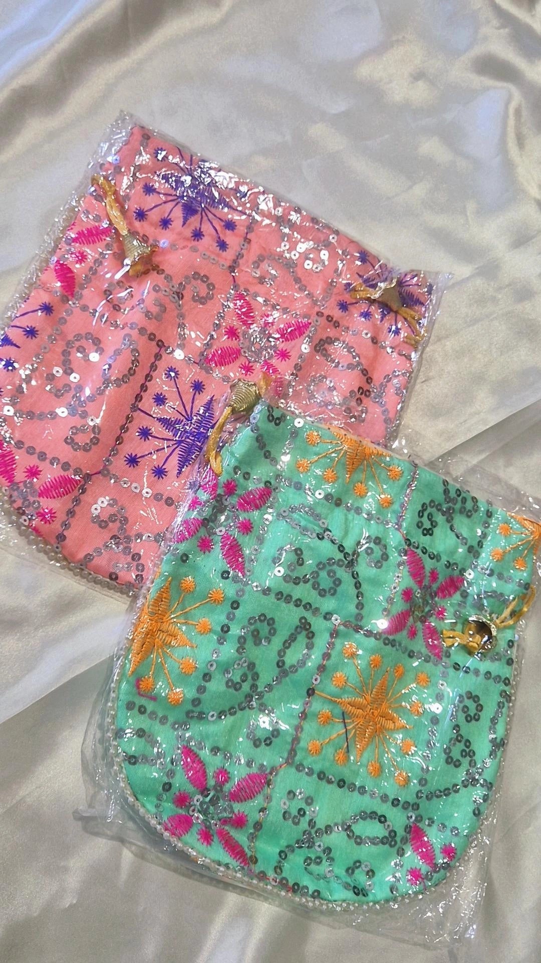 Sequin Starburst Embroidered Potli Bag - Pink & Mint Green