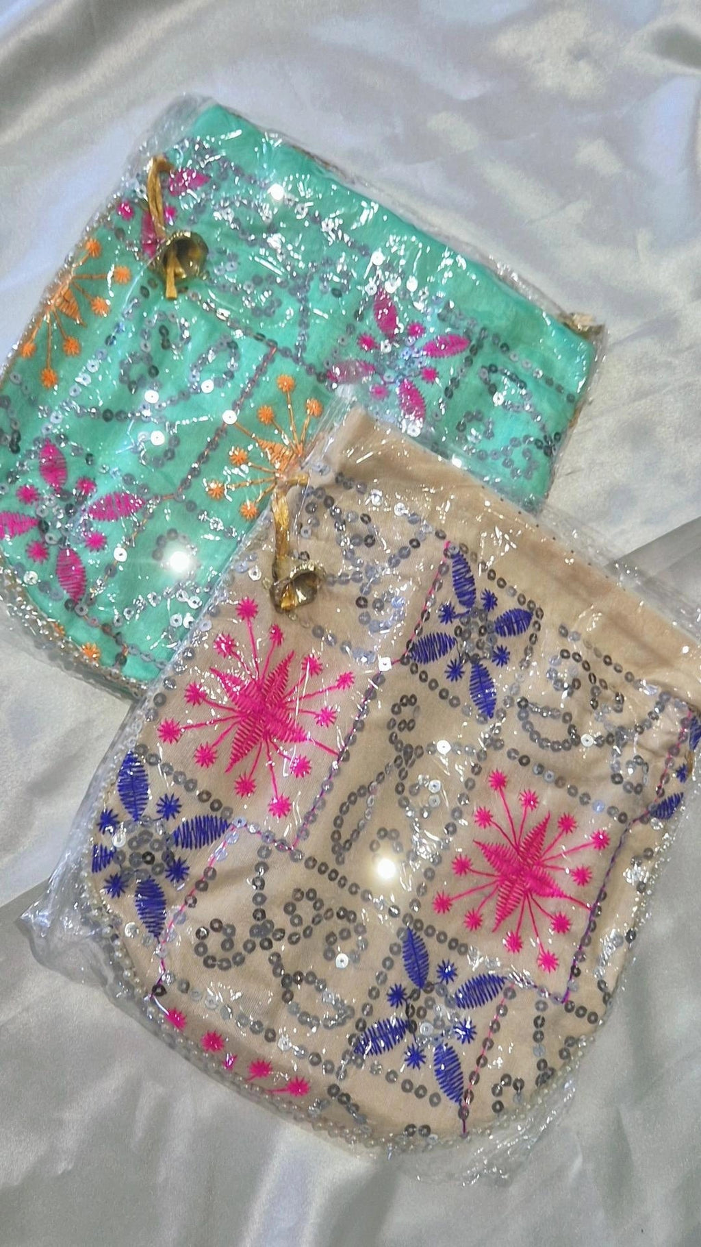 Sequin Starburst Embroidered Potli Bag - Mint Green & Beige