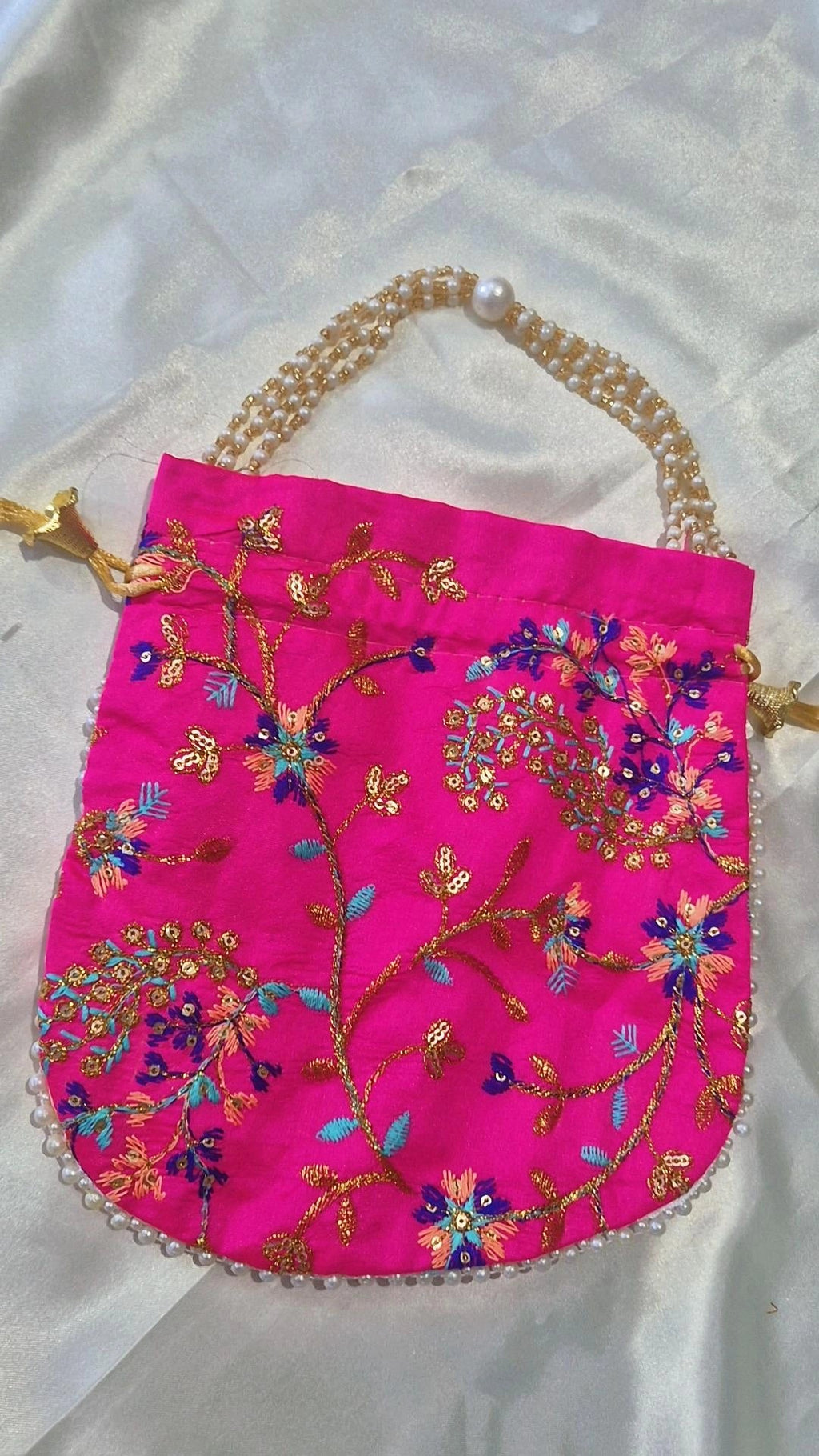 Hot Pink Floral Embroidered Potli Bag