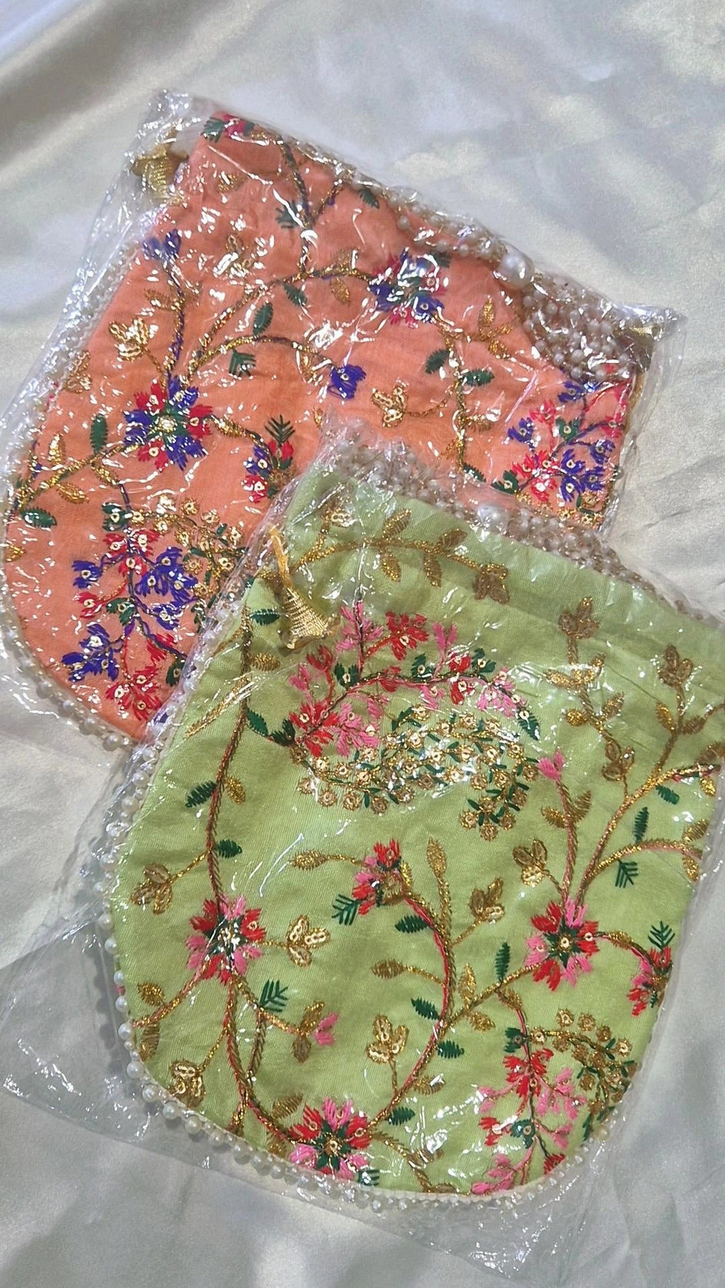 Peach & Mint Green Floral Embroidered Potli Bag