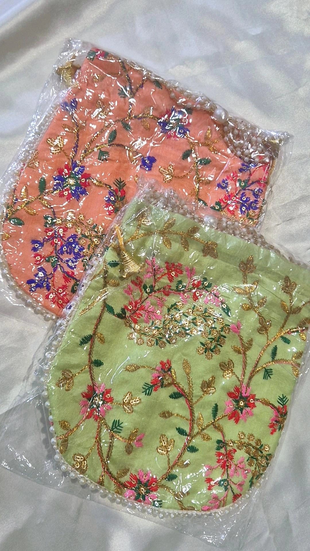 Peach & Mint Green Floral Embroidered Potli Bag