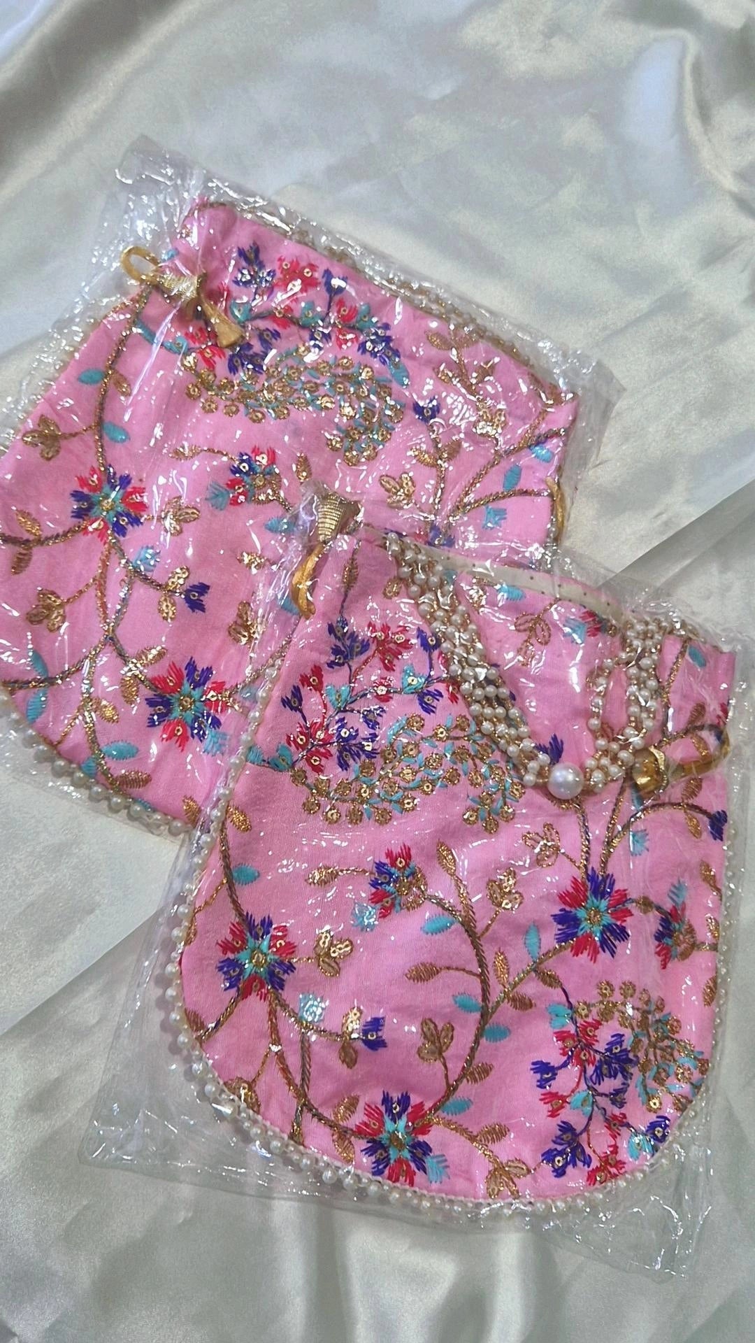 Pink Floral Embroidered Potli Bag