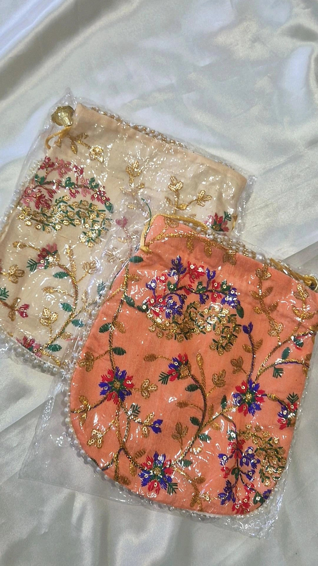Cream & Peach Floral Embroidered Potli Bag