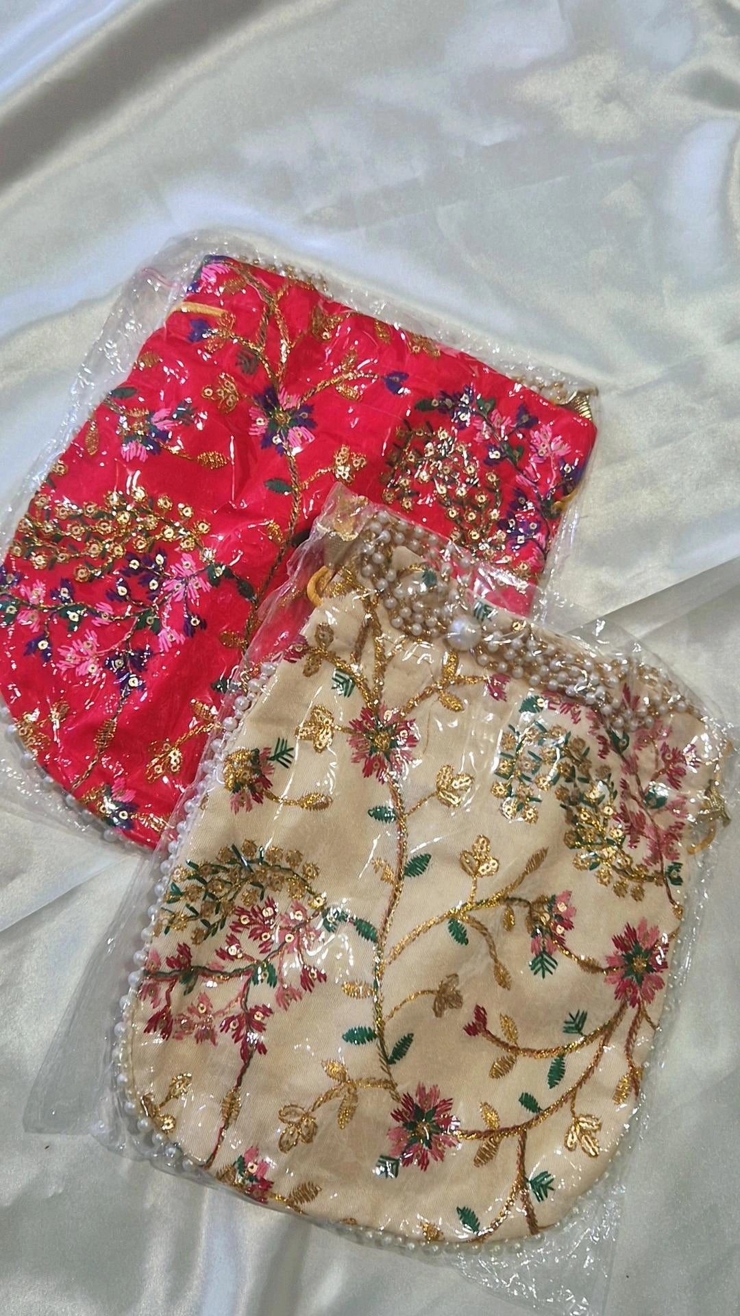 Red & Cream Floral Embroidered Potli Bag