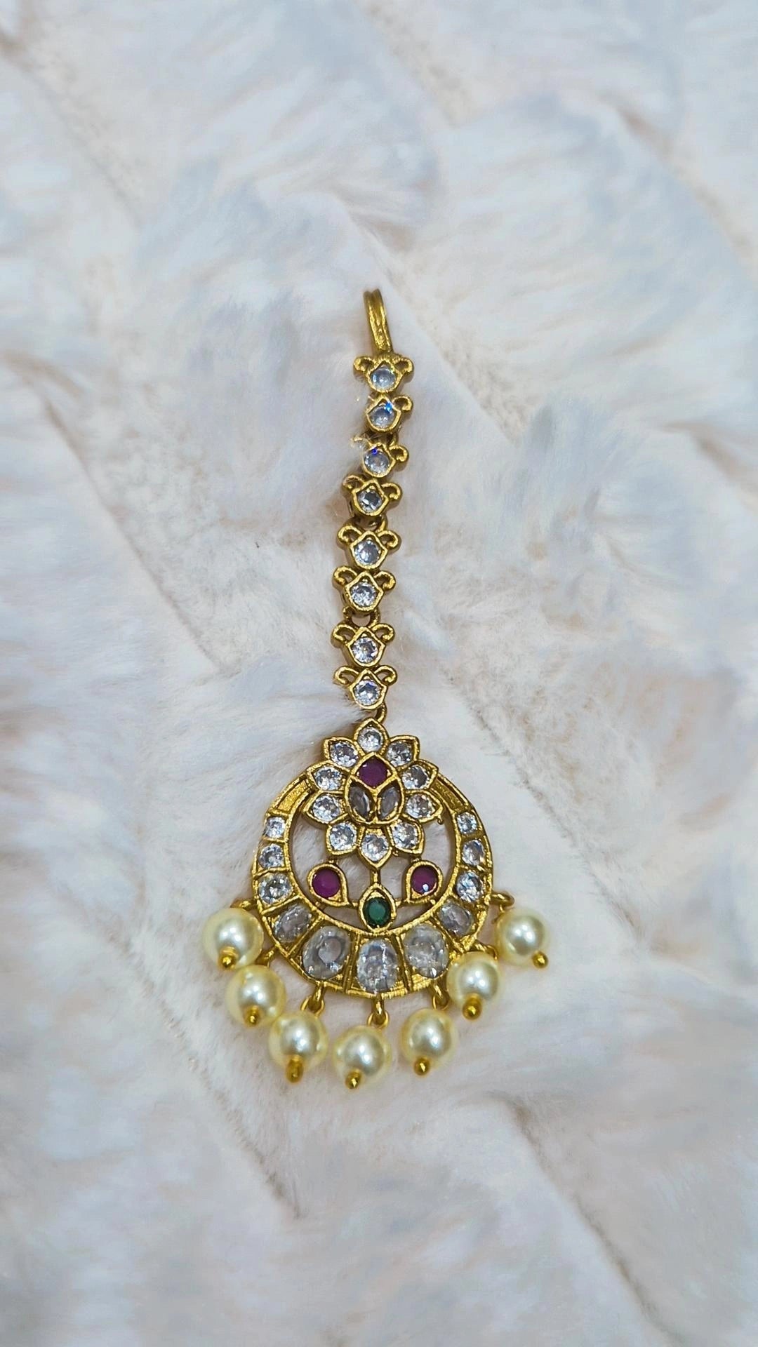 Ruby & Emerald CZ Floral Chain Maang Tikka