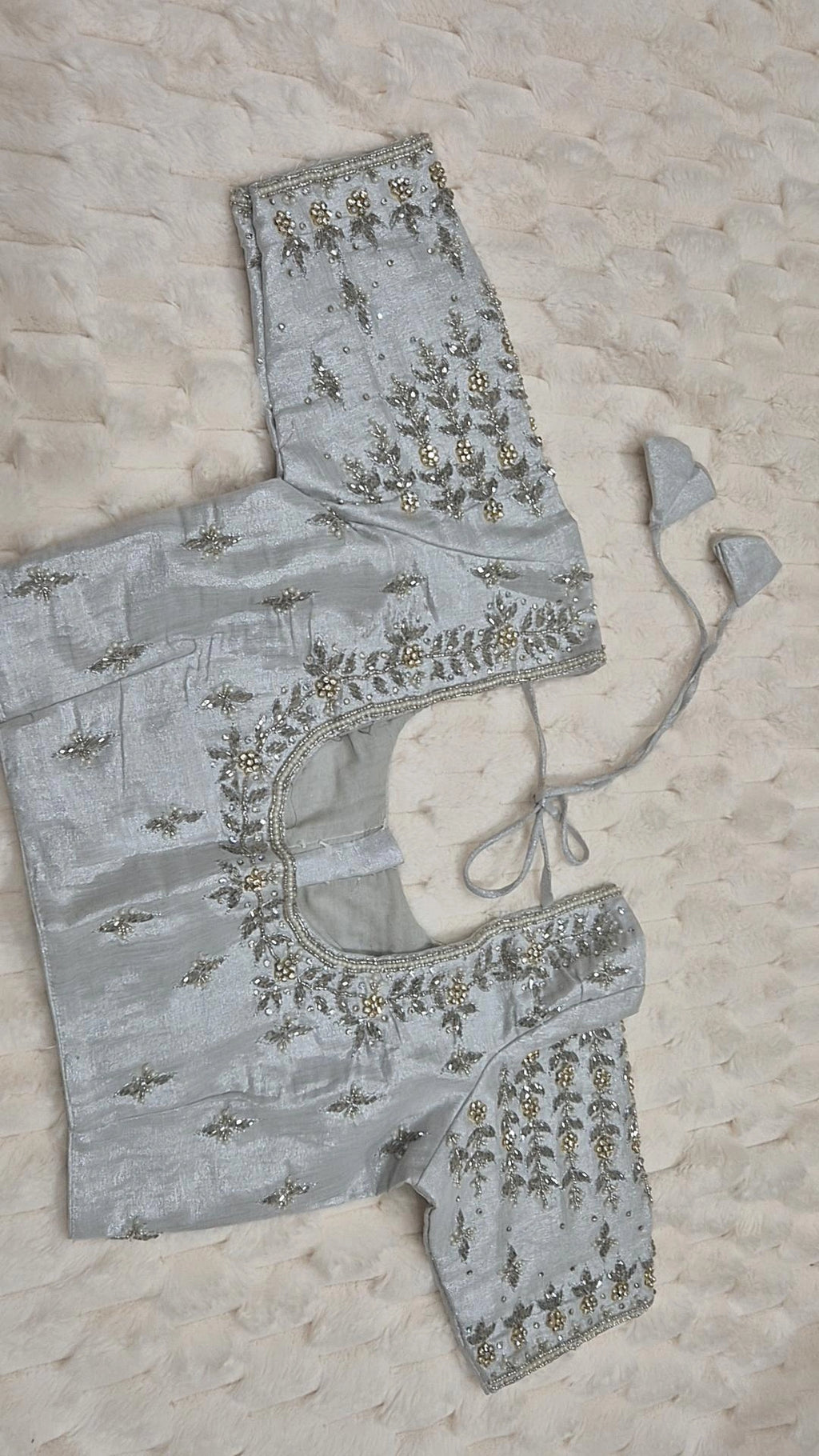 Lavender Boutique Stitched Silver CZ Maggam Work Saree Blouse - Front