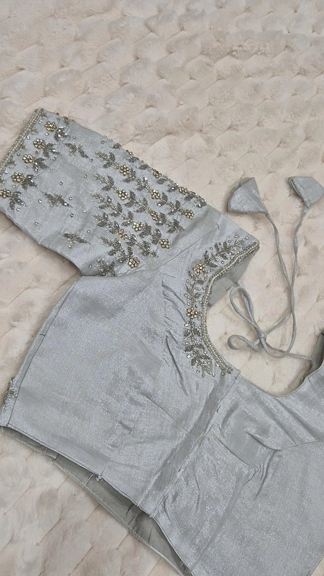 Lavender Boutique Stitched Silver CZ Maggam Work Saree Blouse - Back