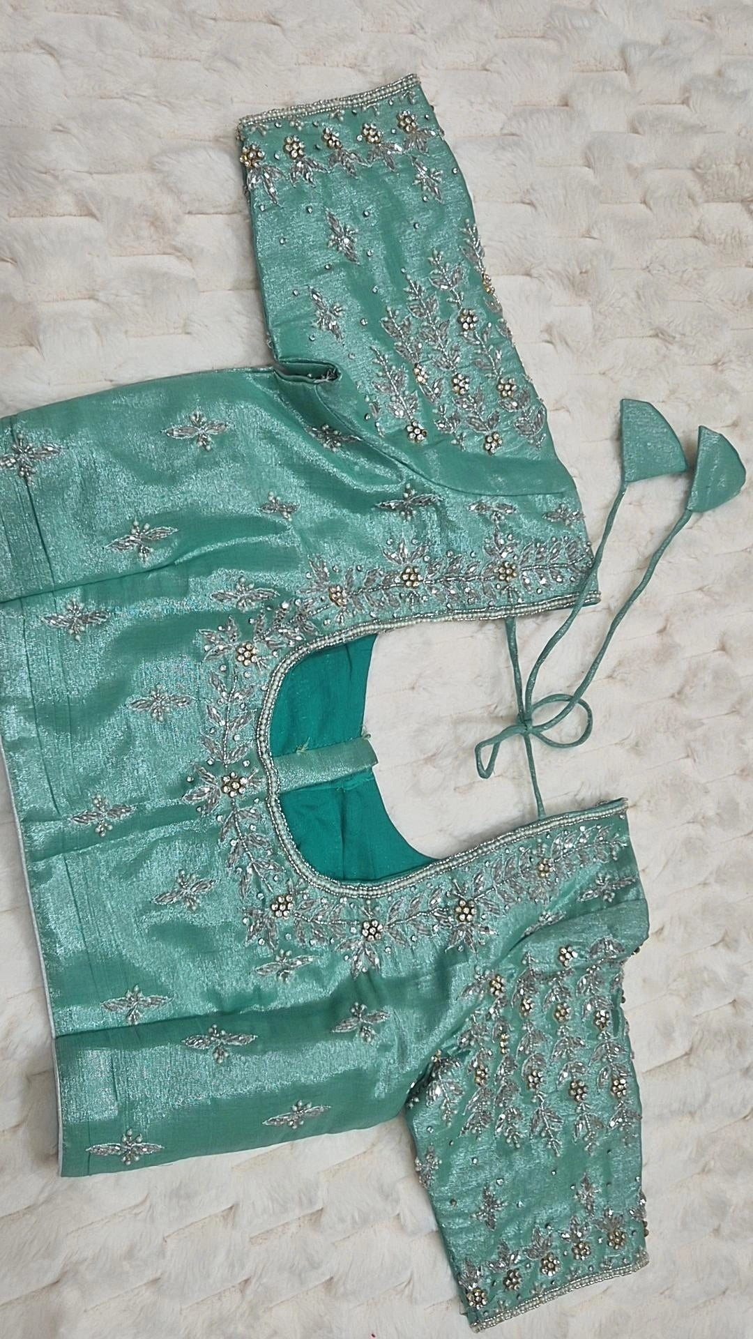 Baby Blue Boutique Stitched Gold Scallop Maggam Work Saree Blouse - Front