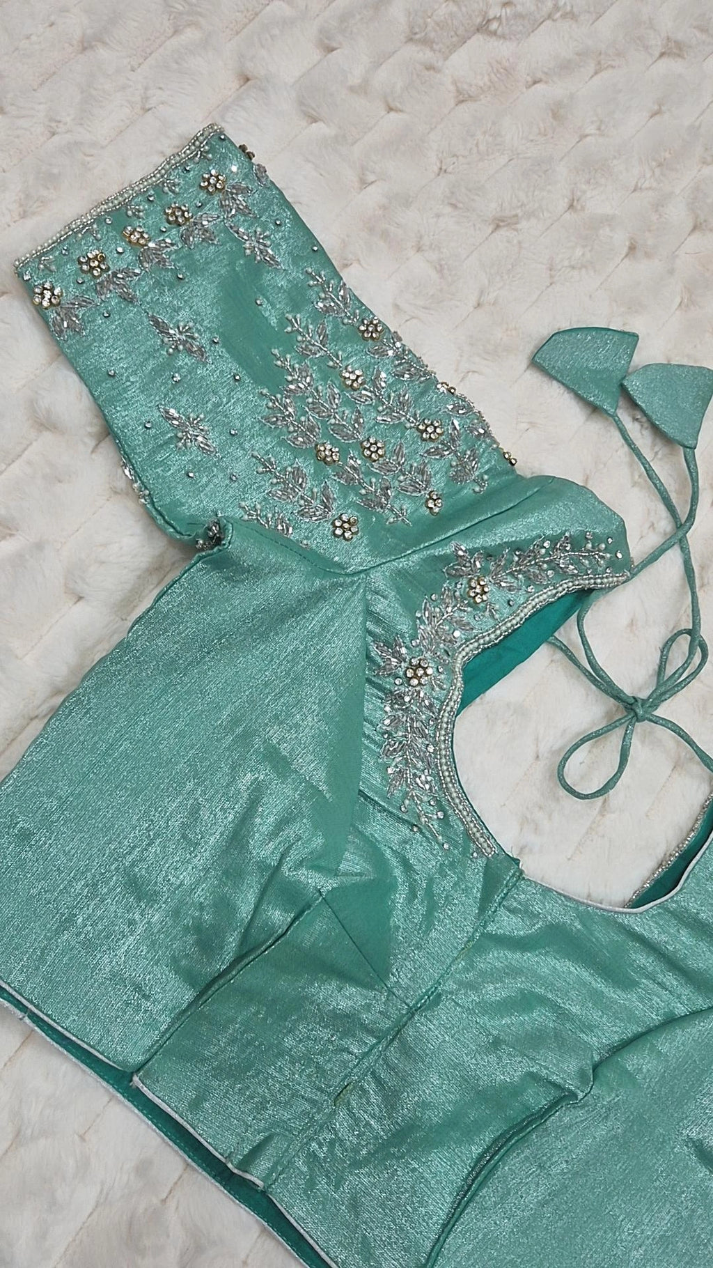 Baby Blue Boutique Stitched Gold Scallop Maggam Work Saree Blouse - Back