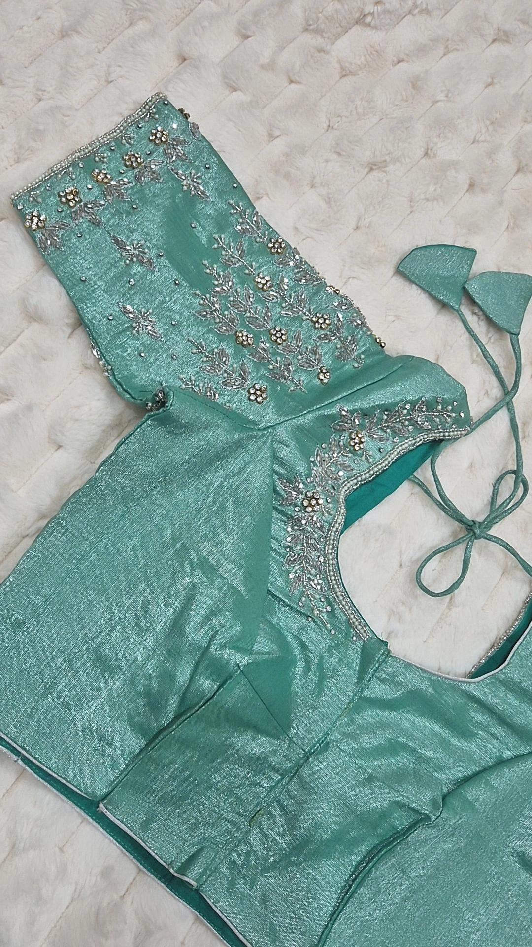 Baby Blue Boutique Stitched Gold Scallop Maggam Work Saree Blouse - Back