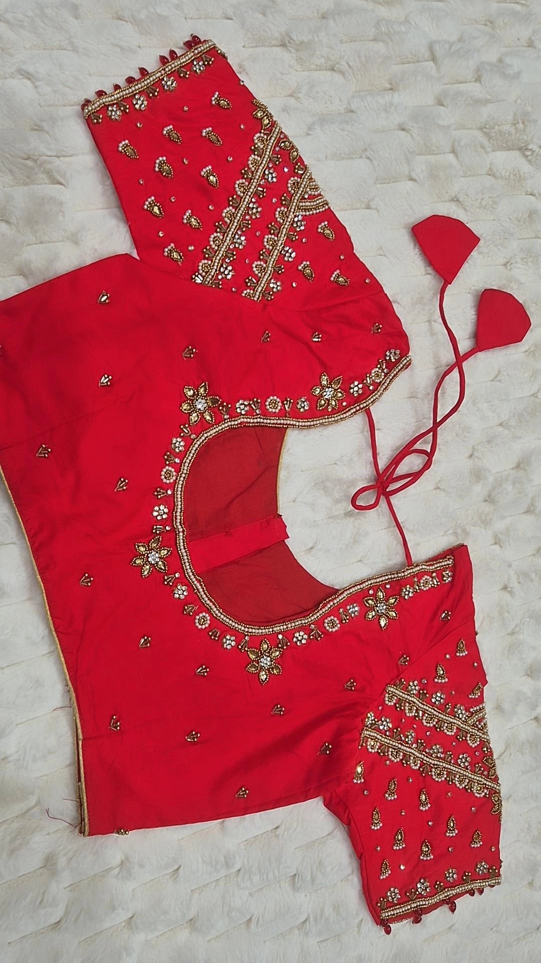 Red Boutique Stitched Gold CZ Teardrop Maggam Work Saree Blouse - Front