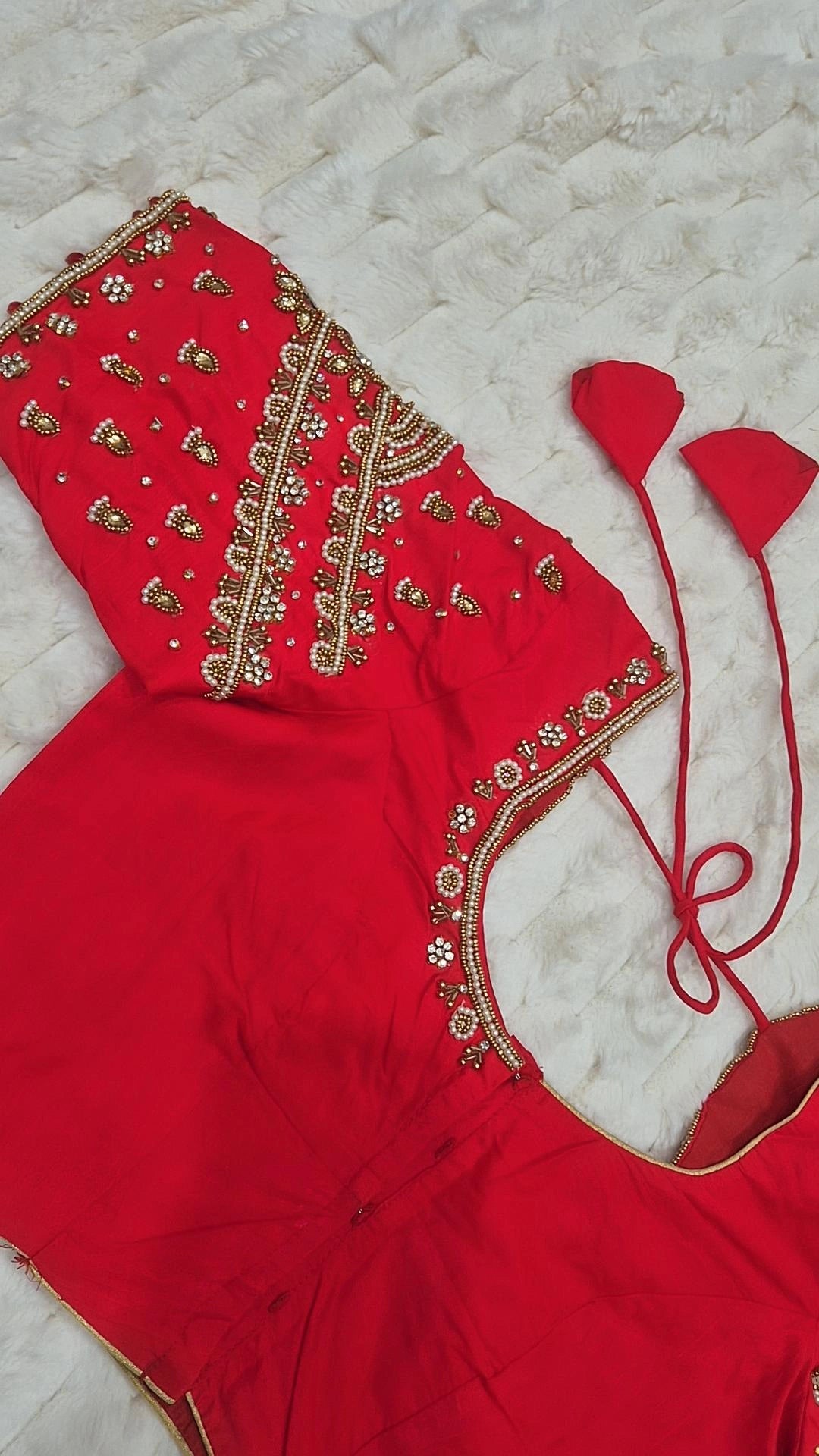 Red Boutique Stitched Gold CZ Teardrop Maggam Work Saree Blouse - Back