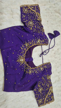 Purple Boutique Stitched Gold Floral Vine Maggam Work Saree Blouse - Front