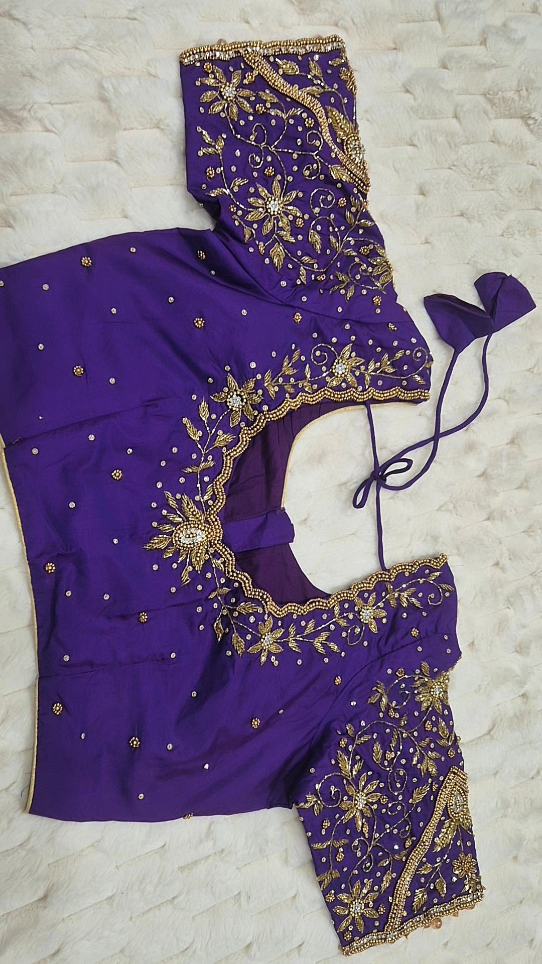 Purple Boutique Stitched Gold Floral Vine Maggam Work Saree Blouse - Front