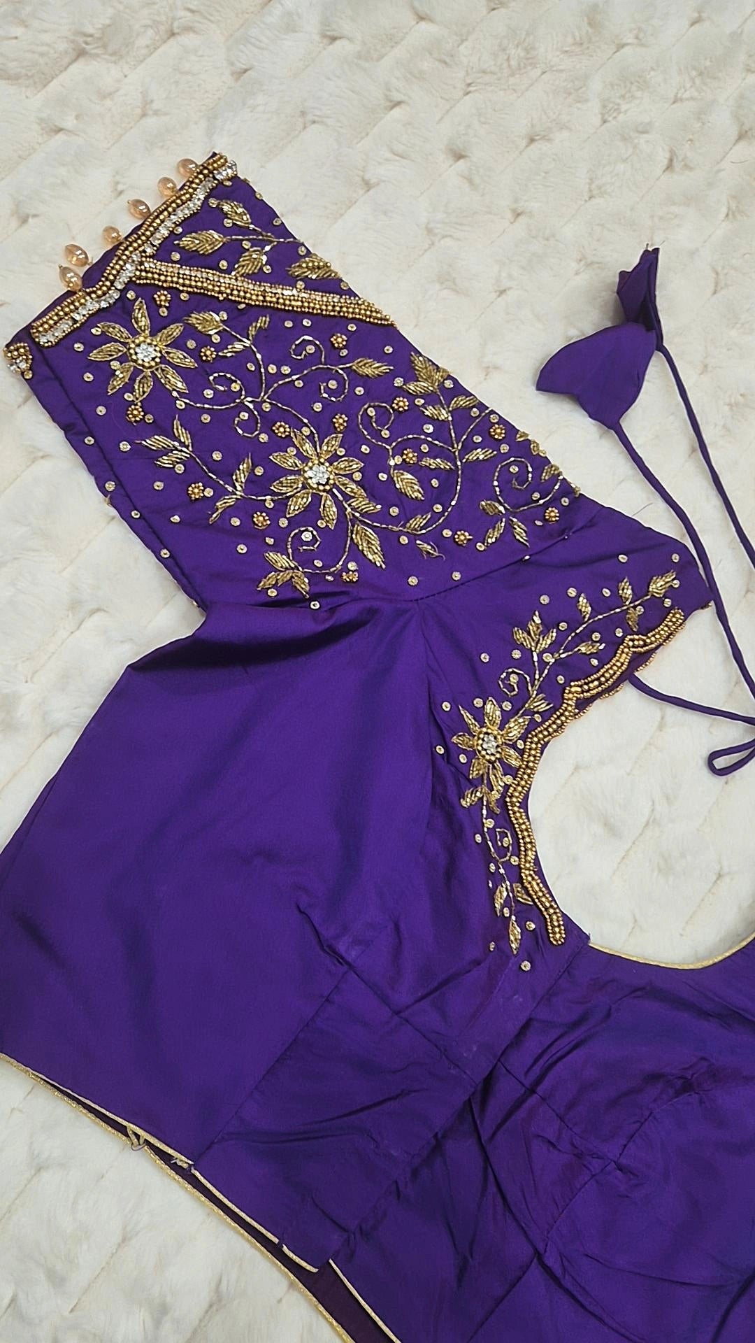 Purple Boutique Stitched Gold Floral Vine Maggam Work Saree Blouse - Back