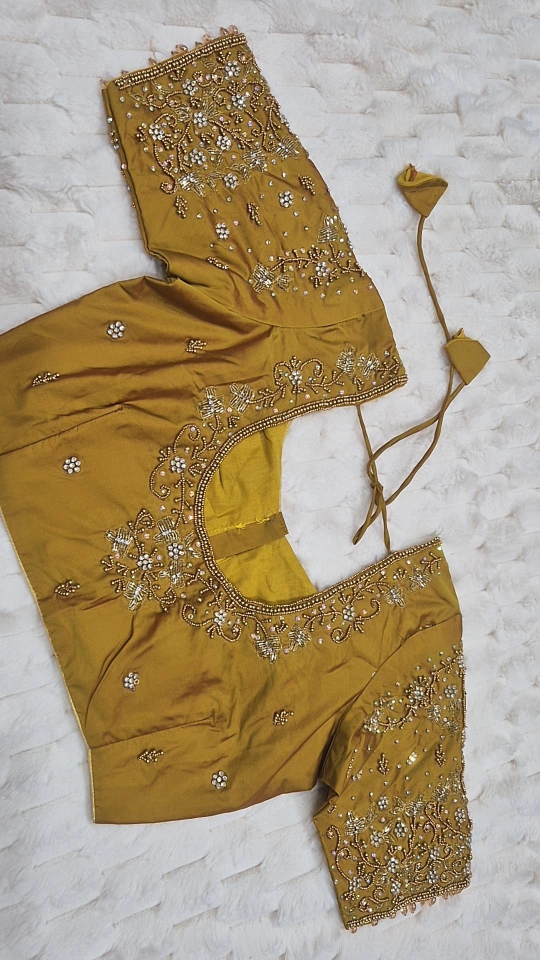 Mustard Gold Boutique Stitched Gold CZ Floral Vine Maggam Work Saree Blouse - Front
