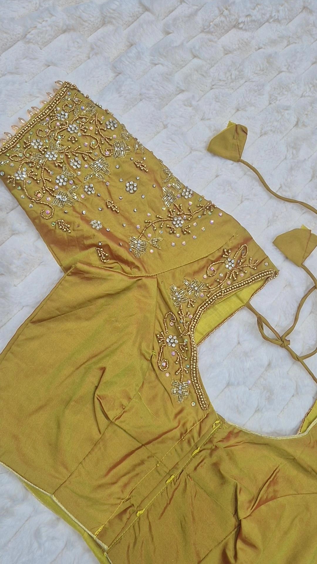 Mustard Gold Boutique Stitched Gold CZ Floral Vine Maggam Work Saree Blouse - Back