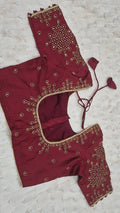 Maroon Boutique Stitched Gold CZ Diamond Lattice Maggam Work Saree Blouse - Front