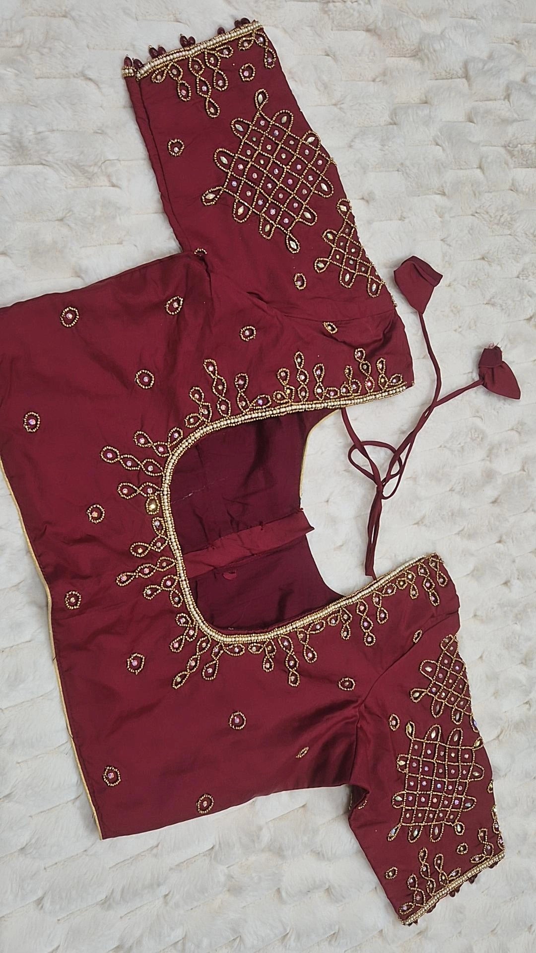 Maroon Boutique Stitched Gold CZ Diamond Lattice Maggam Work Saree Blouse - Front