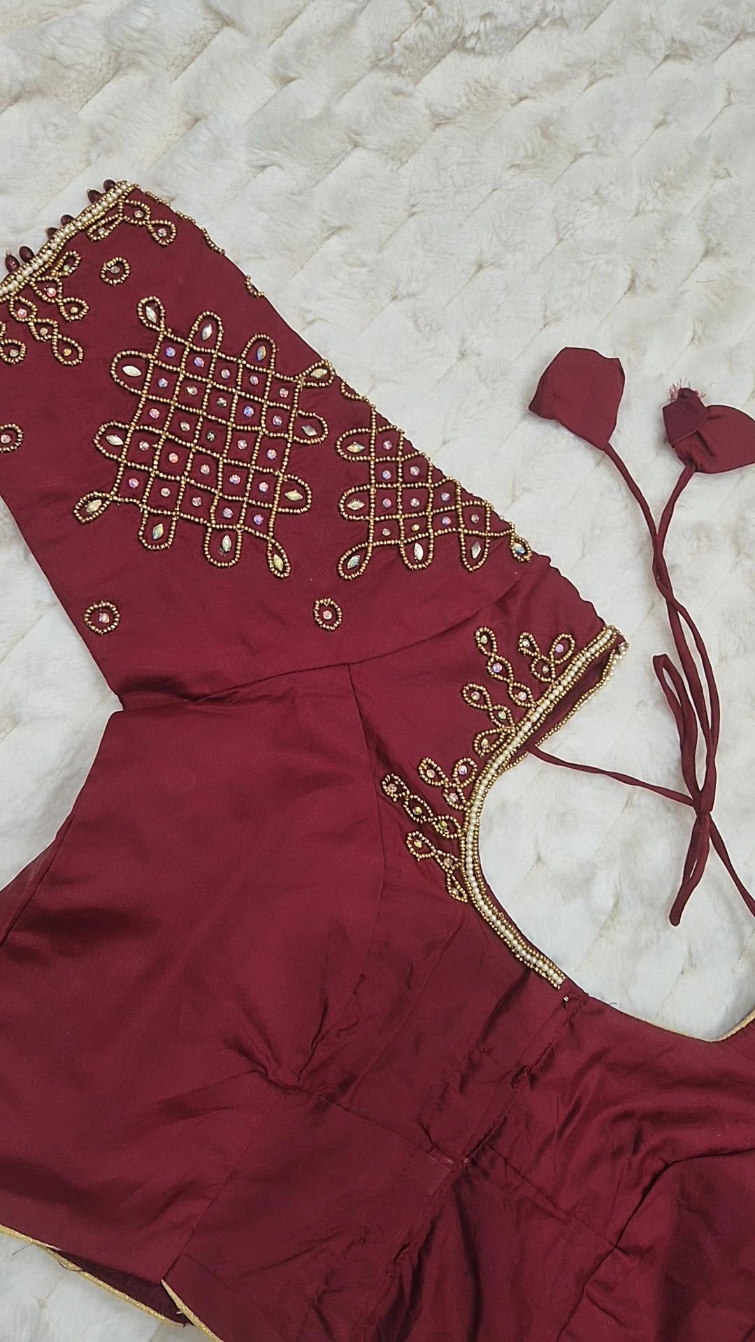 Maroon Boutique Stitched Gold CZ Diamond Lattice Maggam Work Saree Blouse - Back