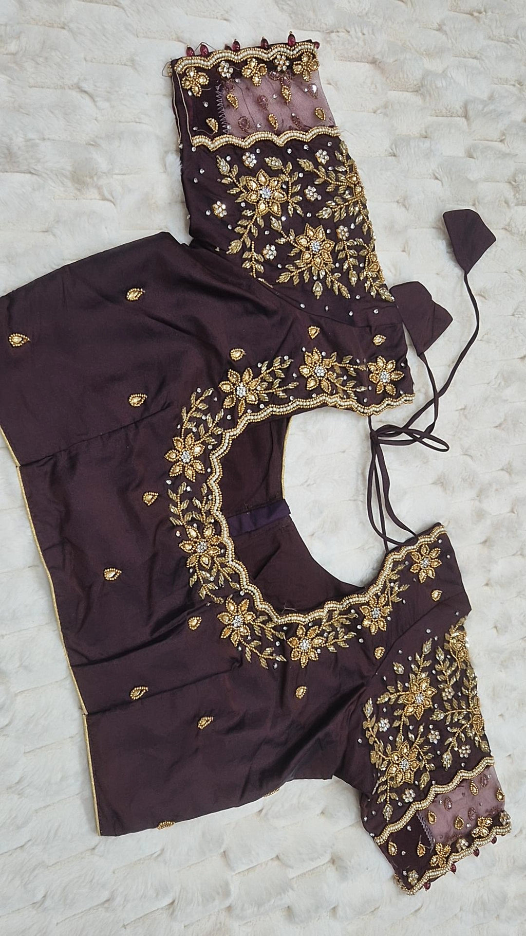 Dark Chocolate Boutique Stitched Gold Floral Vine Maggam Work Saree Blouse - Front