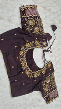 Dark Chocolate Boutique Stitched Gold Floral Vine Maggam Work Saree Blouse - Front