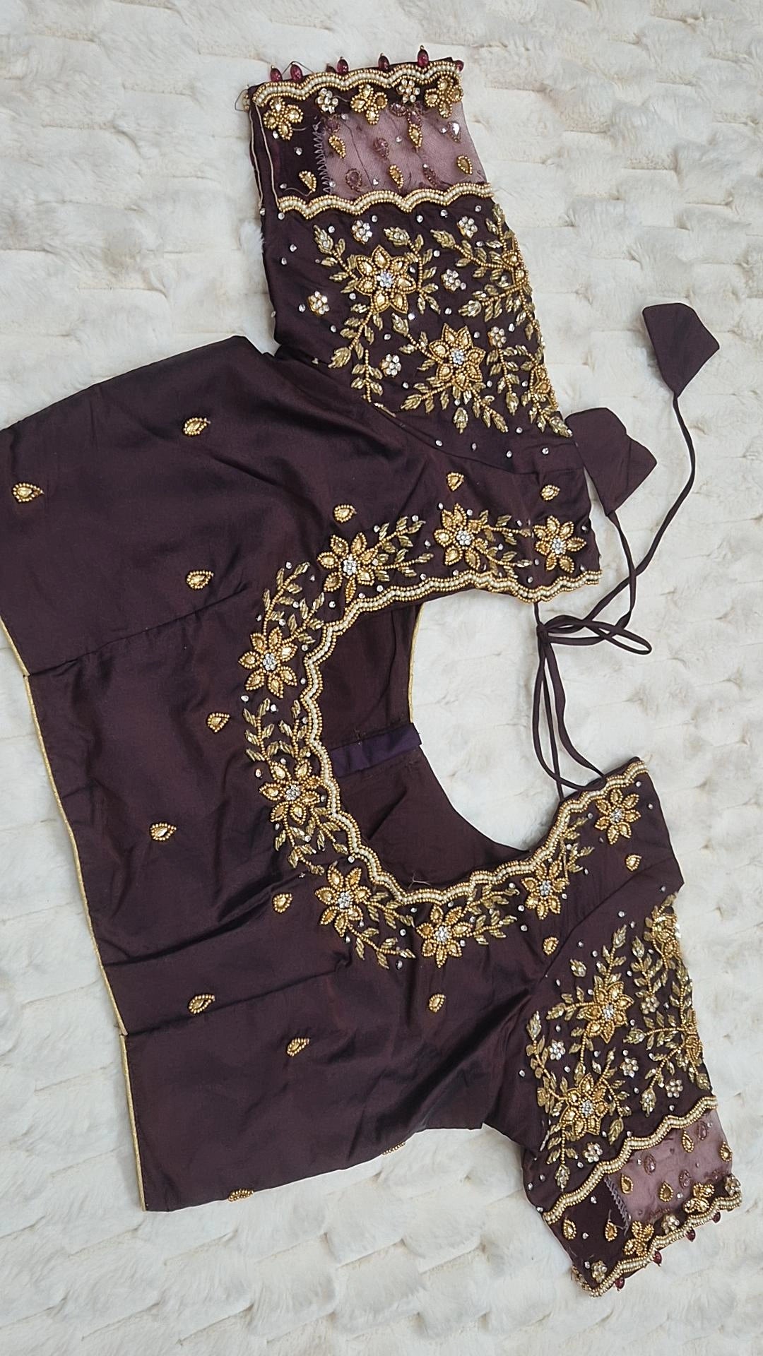 Dark Chocolate Boutique Stitched Gold Floral Vine Maggam Work Saree Blouse - Front