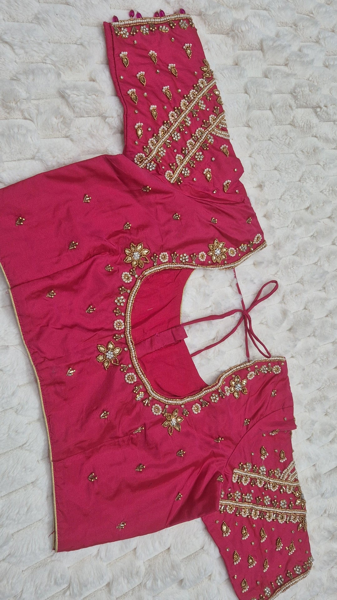 Hot Pink Boutique Stitched Pearl CZ Teardrop Maggam Work Saree Blouse - Front