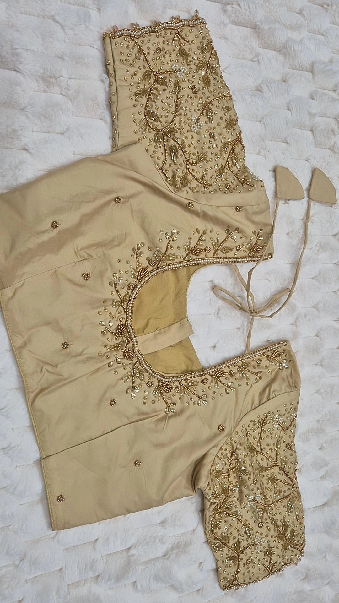 Champagne Gold Boutique Stitched Pearl Sequin Floral Vine Maggam Work Saree Blouse - Front