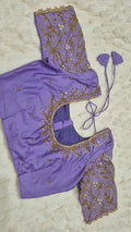 Lavender Boutique Stitched Pearl Sequin Floral Vine Maggam Work Saree Blouse - Front