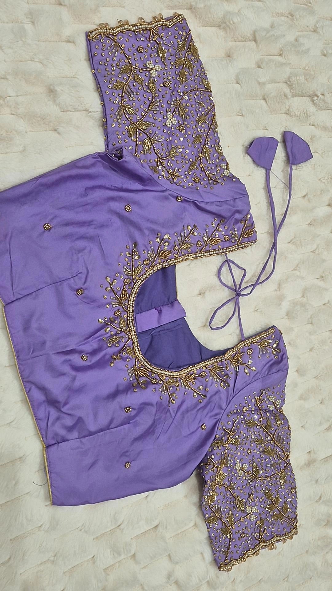 Lavender Boutique Stitched Pearl Sequin Floral Vine Maggam Work Saree Blouse - Front