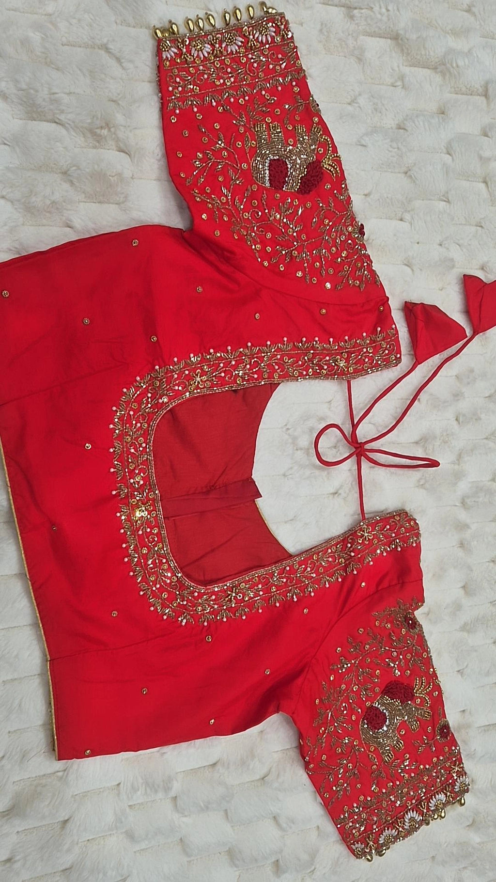 Red Boutique Stitched Silver CZ Floral Vine Maggam Work Saree Blouse - Front