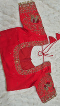 Red Boutique Stitched Silver CZ Floral Vine Maggam Work Saree Blouse - Front