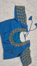 Peacock Blue Boutique Stitched Gold Sunflower Buti Maggam Work Saree Blouse - Front