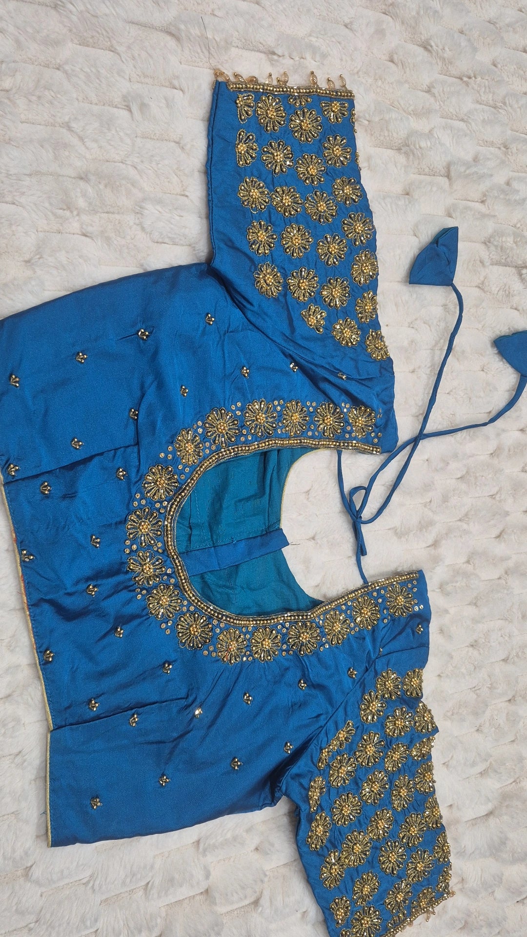 Peacock Blue Boutique Stitched Gold Sunflower Buti Maggam Work Saree Blouse - Front