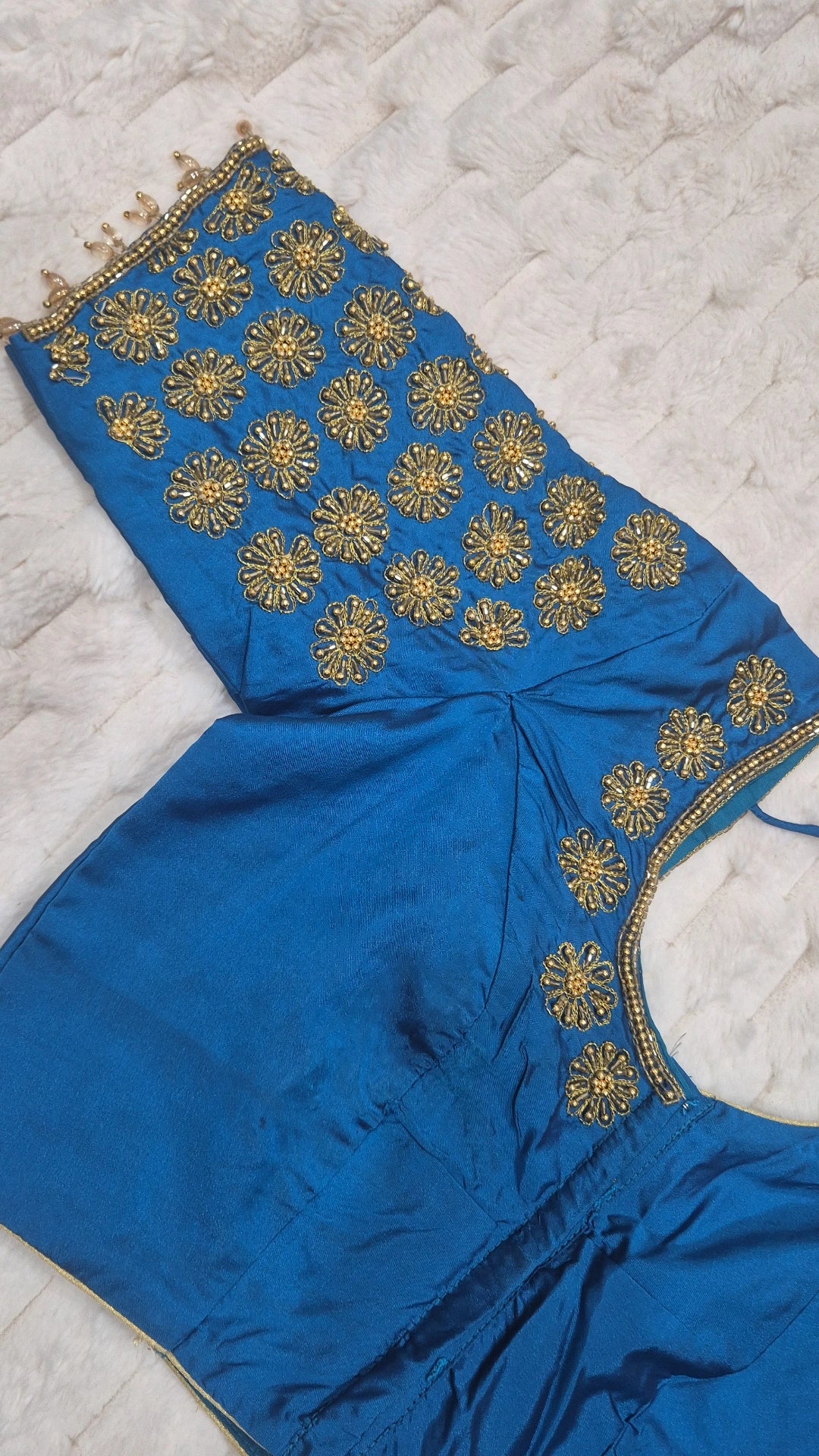 Peacock Blue Boutique Stitched Gold Sunflower Buti Maggam Work Saree Blouse - Back
