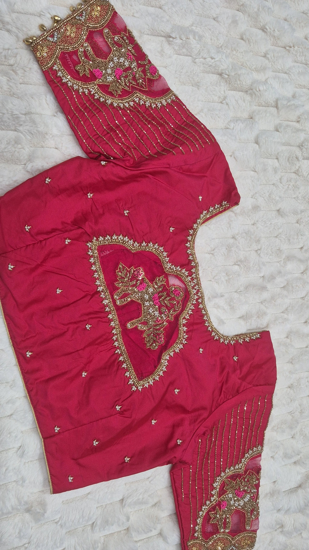 Deep Pink Rani Boutique Stitched Gold Lotus Chain Fringe Maggam Work Saree Blouse - Front