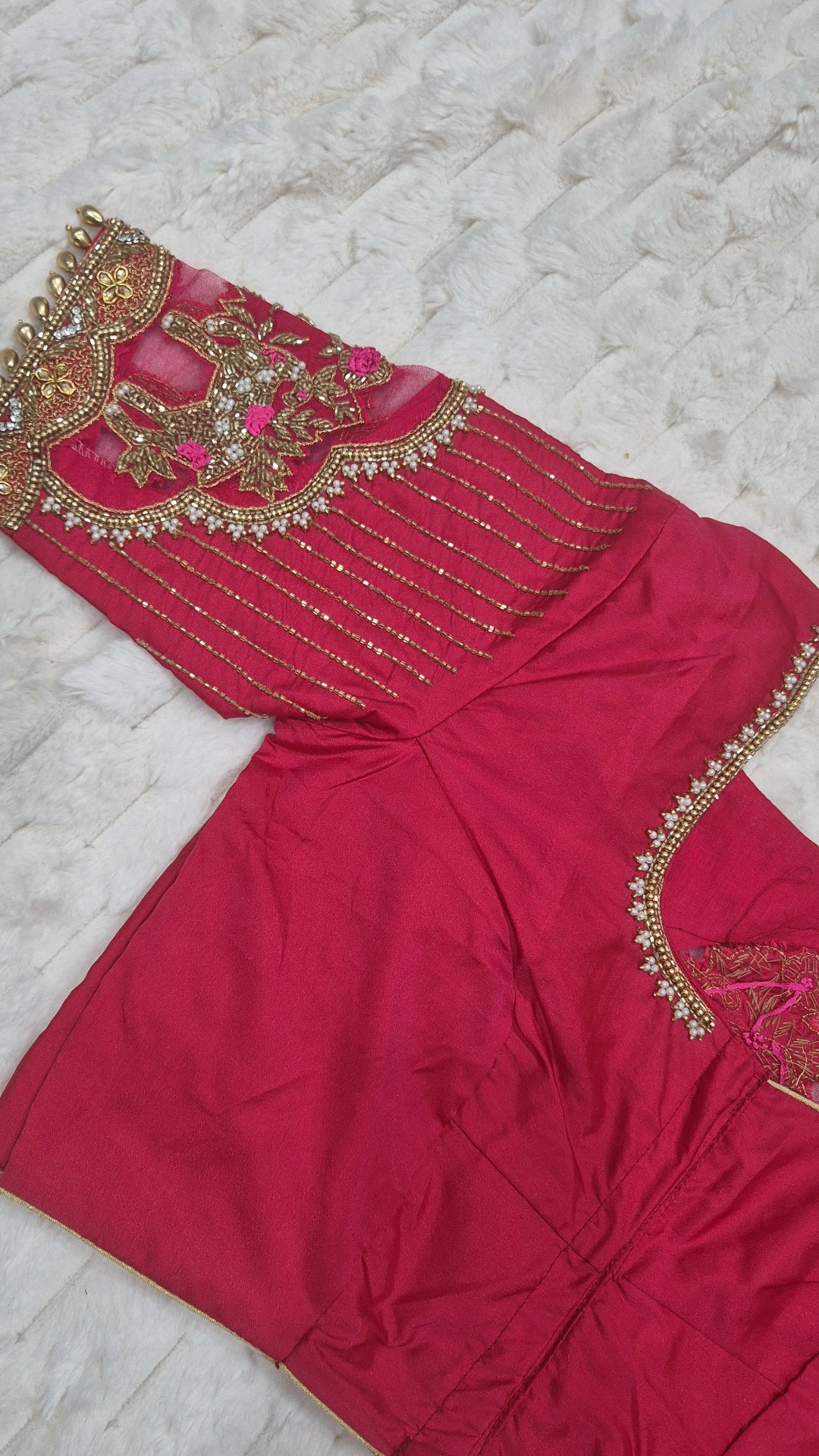 Red Boutique Stitched Silver CZ Floral Vine Maggam Work Saree Blouse - Back