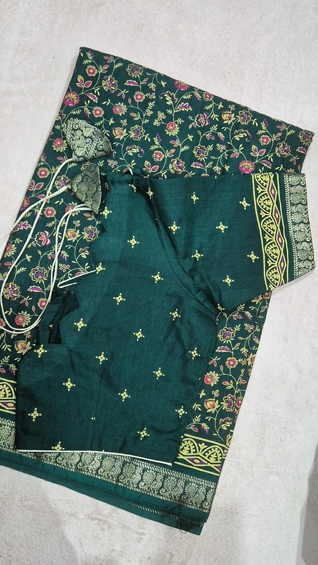 Forest Green Dola Silk Saree with Matching Blouse