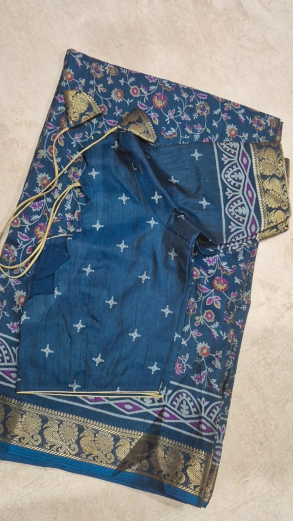 Deep Teal Blue Dola Silk Saree Floral Border Detail