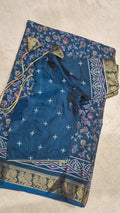 Deep Teal Blue Dola Silk Saree Floral Border Detail
