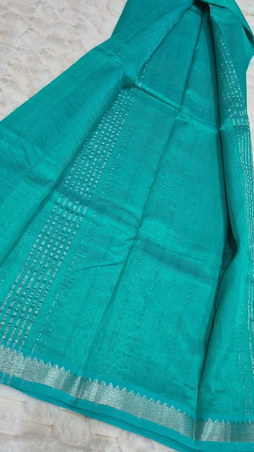 Teal Mangalagiri Pattu handloom saree with silver-toned woven border