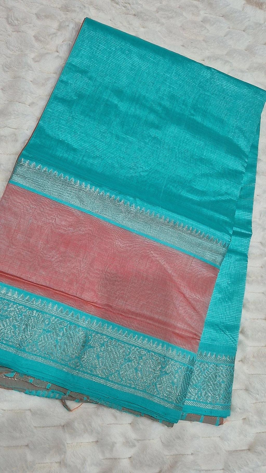Turquoise & Peach Contrast Mangalagiri Pattu Saree