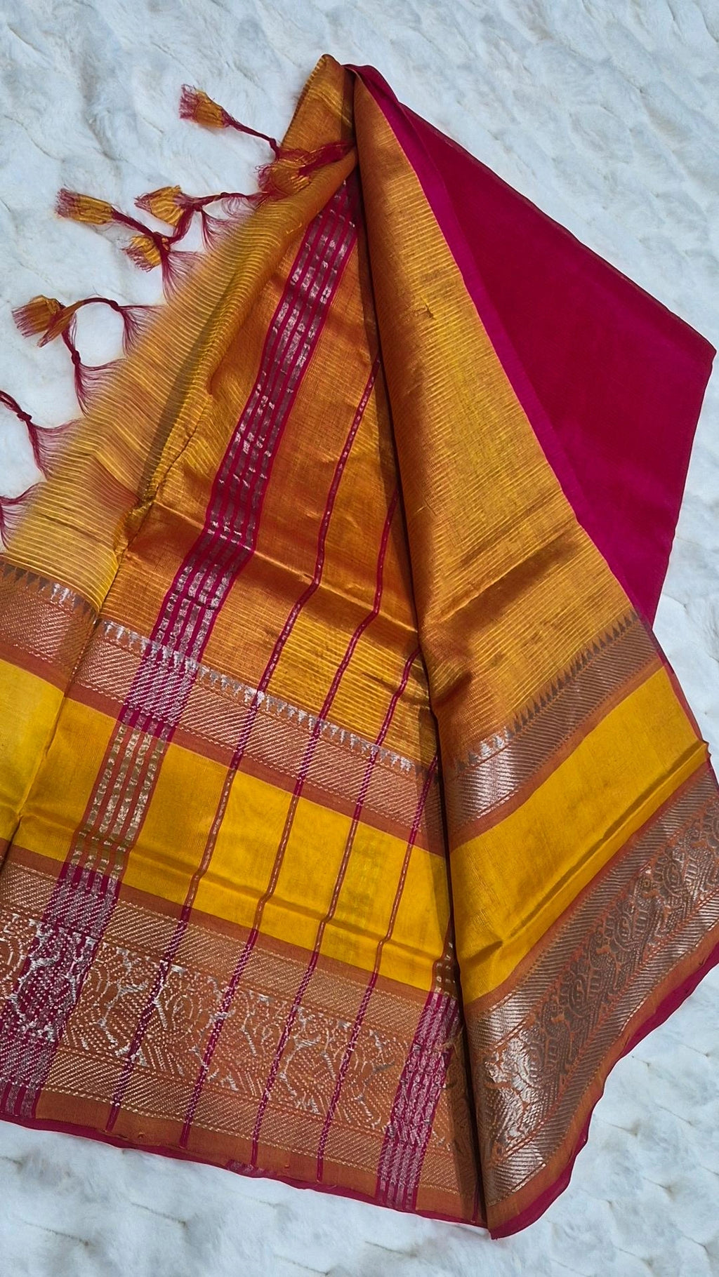 Magenta & Mustard Contrast Mangalagiri Pattu Saree