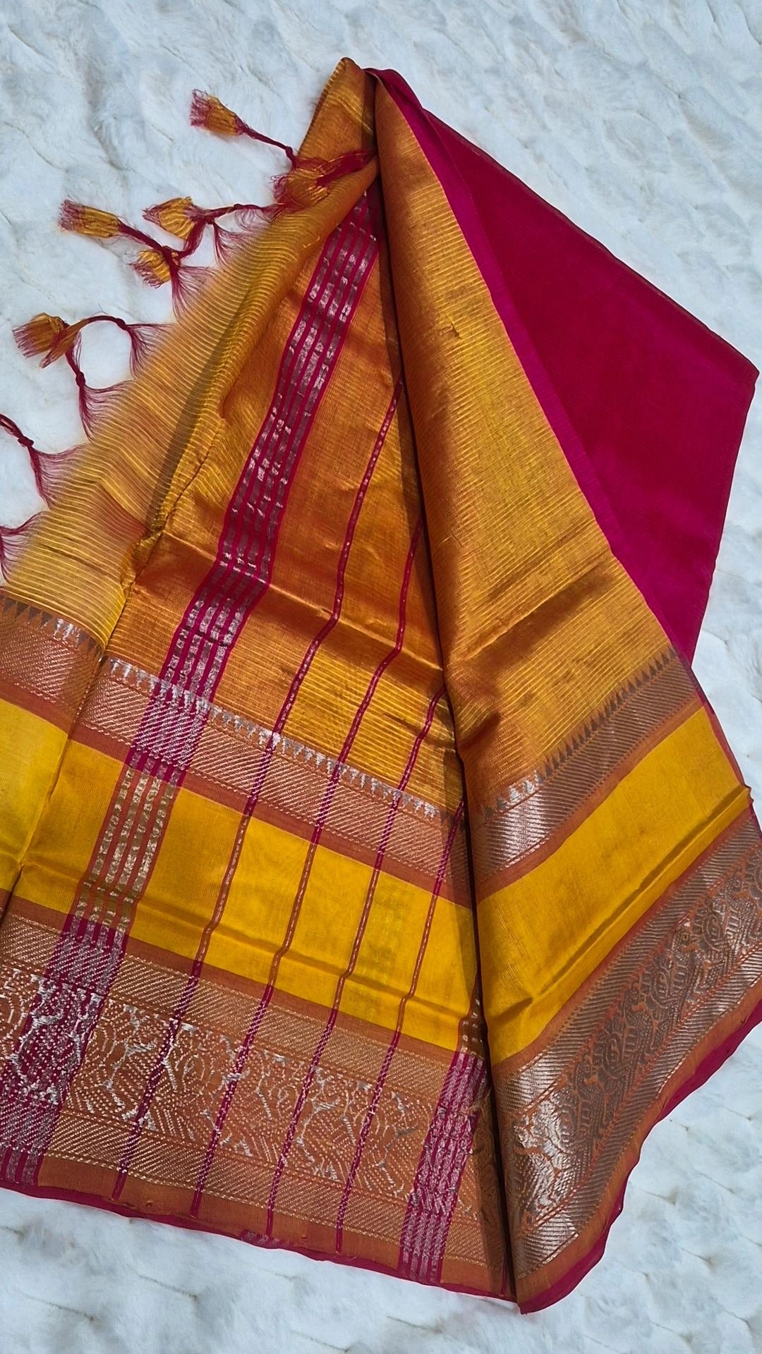 Magenta & Mustard Contrast Mangalagiri Pattu Saree