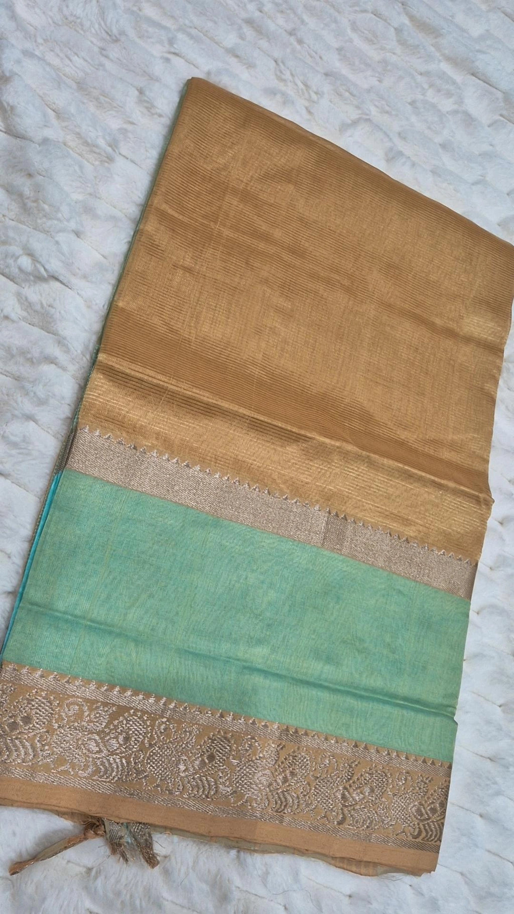 Golden Beige & Aqua Contrast Mangalagiri Pattu Saree