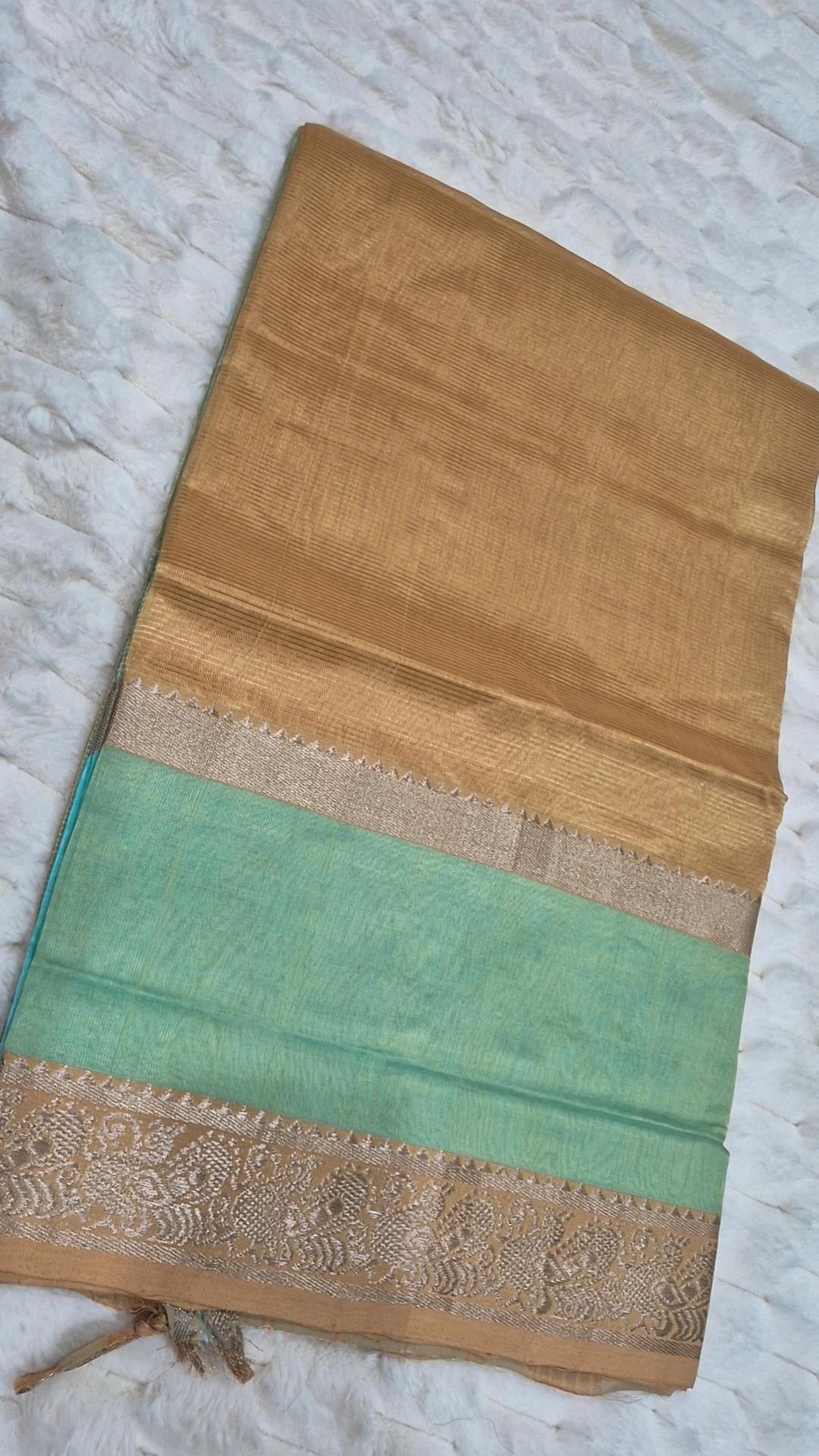 Golden Beige & Aqua Contrast Mangalagiri Pattu Saree