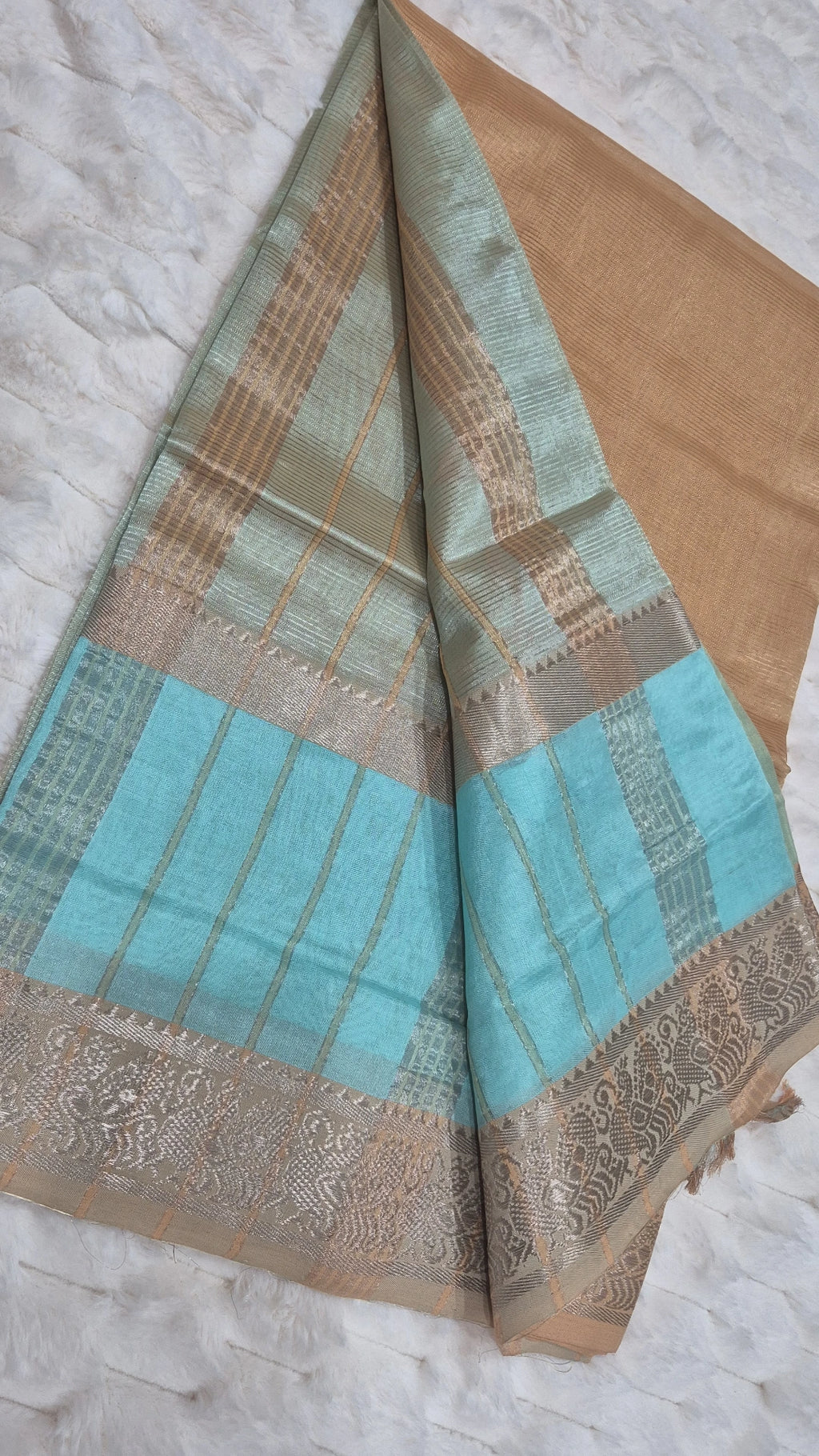 Golden Beige & Aqua Contrast Mangalagiri Pattu Saree