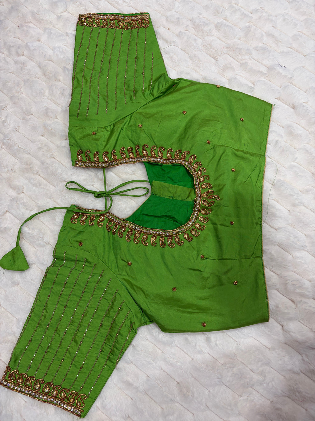 Parrot Green Boutique Stitched Stripe Embroidery Saree Blouse