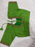 Parrot Green Boutique Stitched Stripe Embroidery Saree Blouse